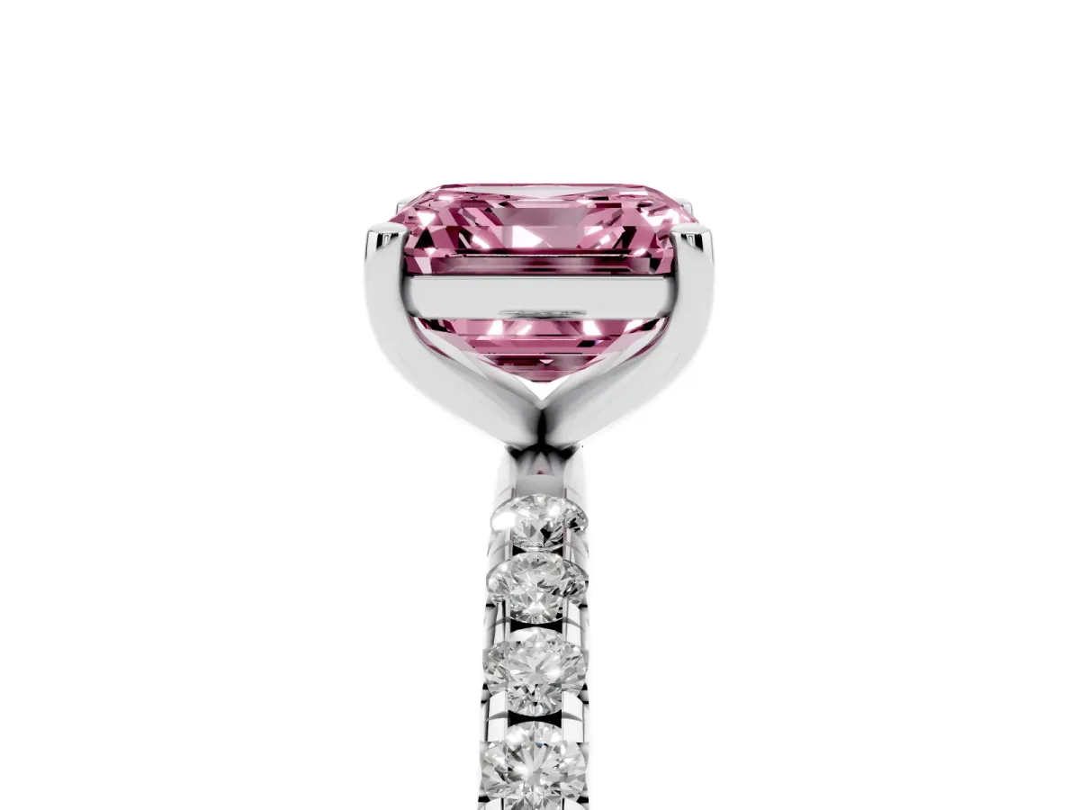Fancy Pink Asscher Cut Cut Diamond Solitaire Ring with Micro Pave Band and Four Prong Setting Silver
