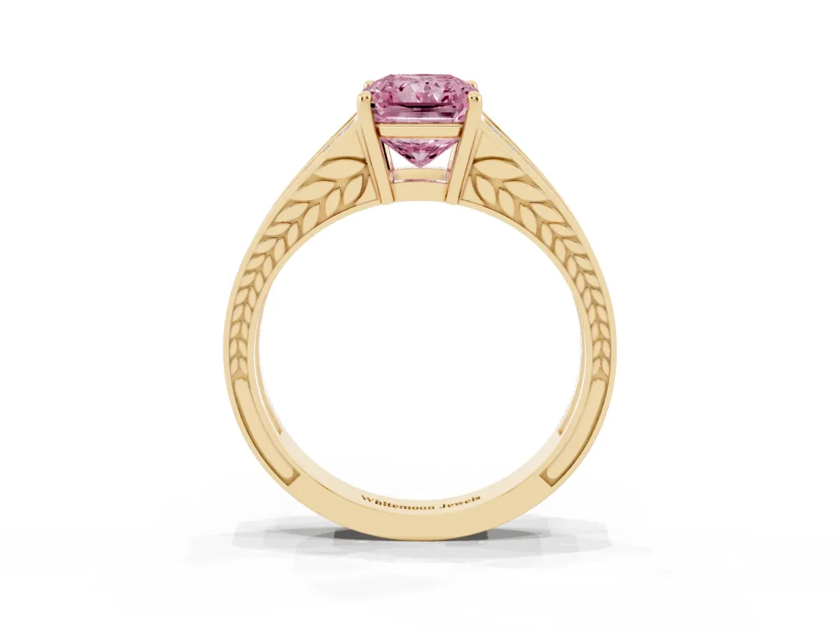 Fancy Pink Radiant Cut Diamond Split Shank Ring with Pavé Band and Four-Prong Setting Yellow gold