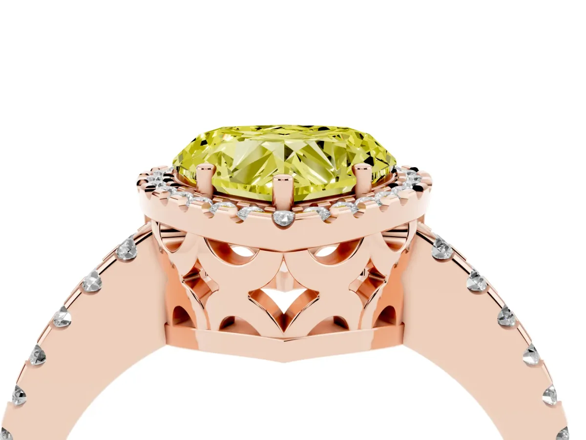 Fancy Yellow Heart Cut Diamond Halo Engagement Ring with Pavé Band and Prong Setting Rose gold