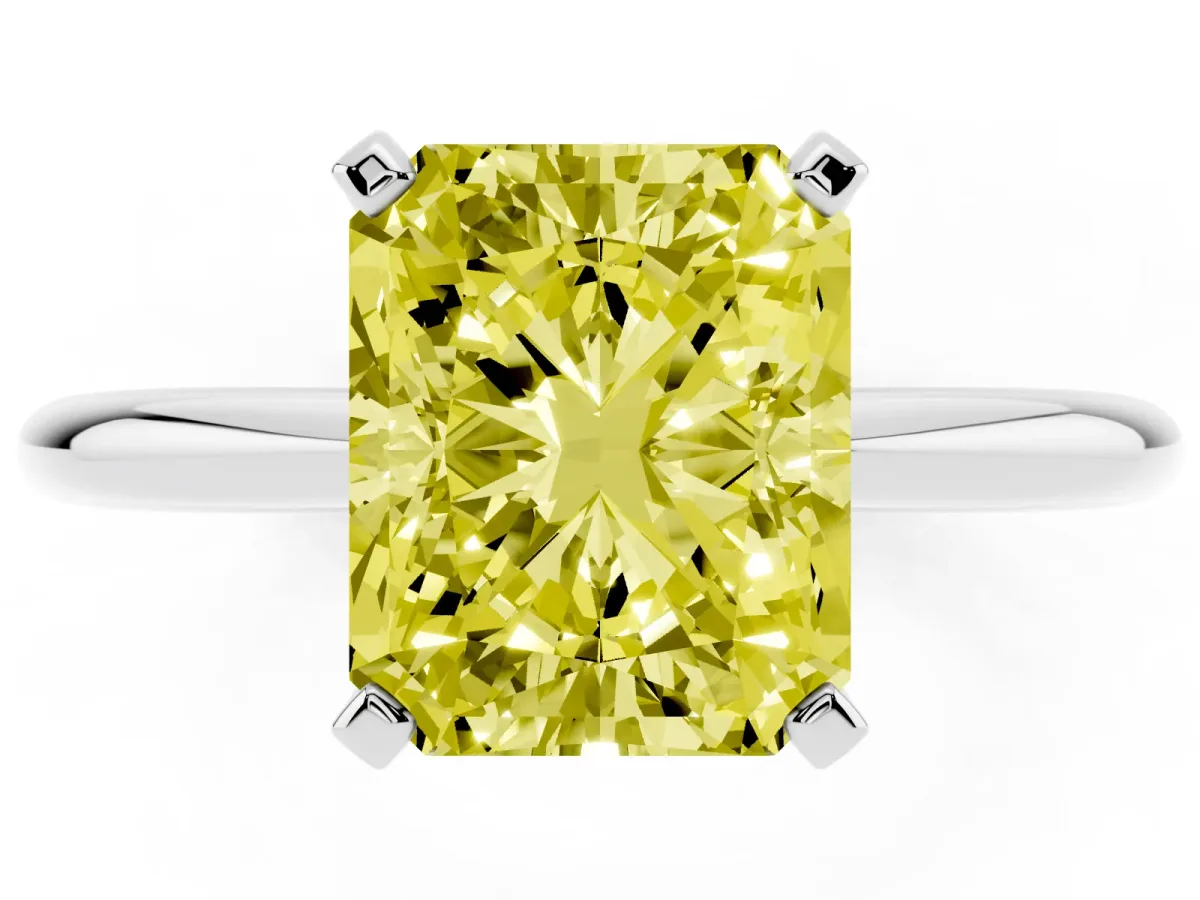 Fancy Yellow Radiant Cut Diamond Solitaire Ring with Prong Setting and Classic Band Silver