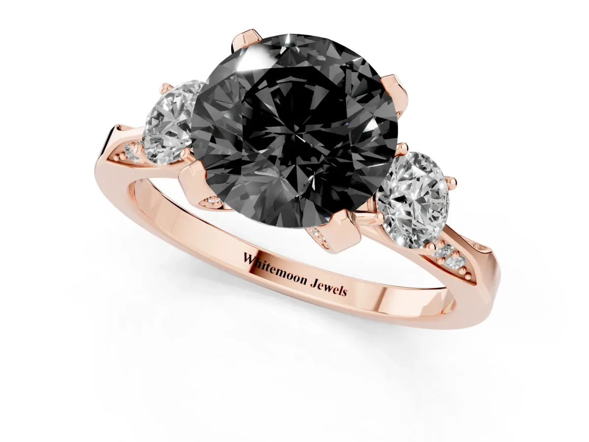 Fancy Black Round Cut Brilliant Three-Stone Diamond Ring with Pavé Band and Four-Prong Setting Rose gold