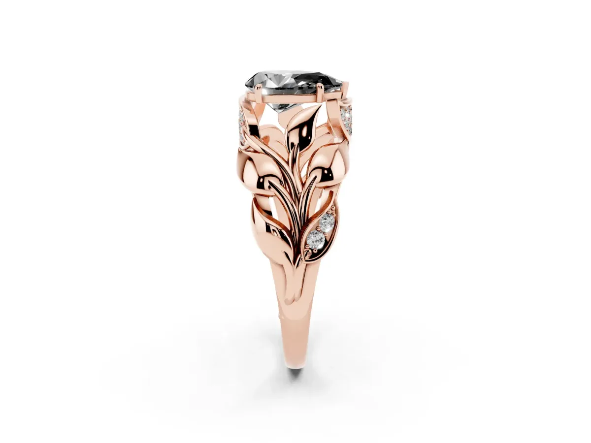 Fancy Black Pear Cut Diamond Leaf-Inspired Engagement Ring with Round Accents and Prong Setting Rose gold