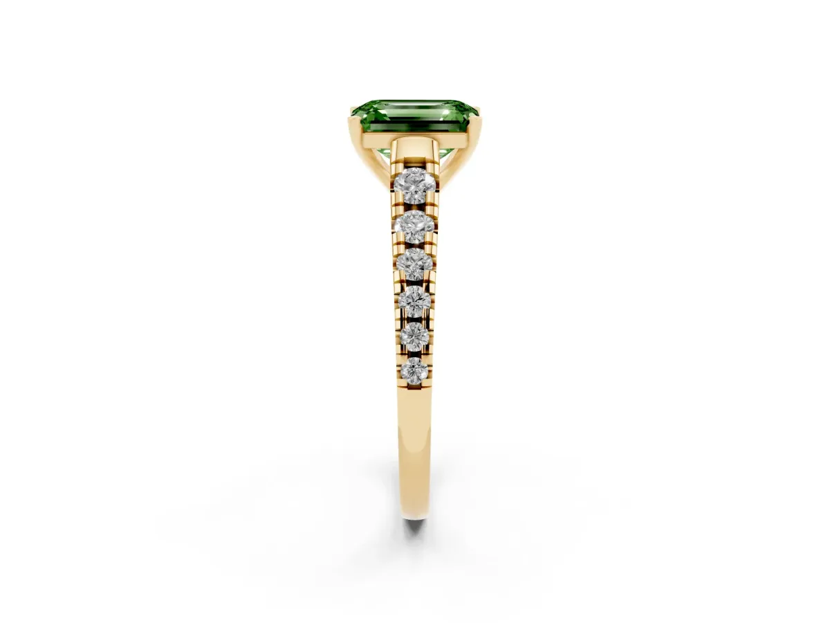 Fancy Green Emerald Cut Diamond Cathedral Solitaire Ring with Round Pavé Band Yellow gold