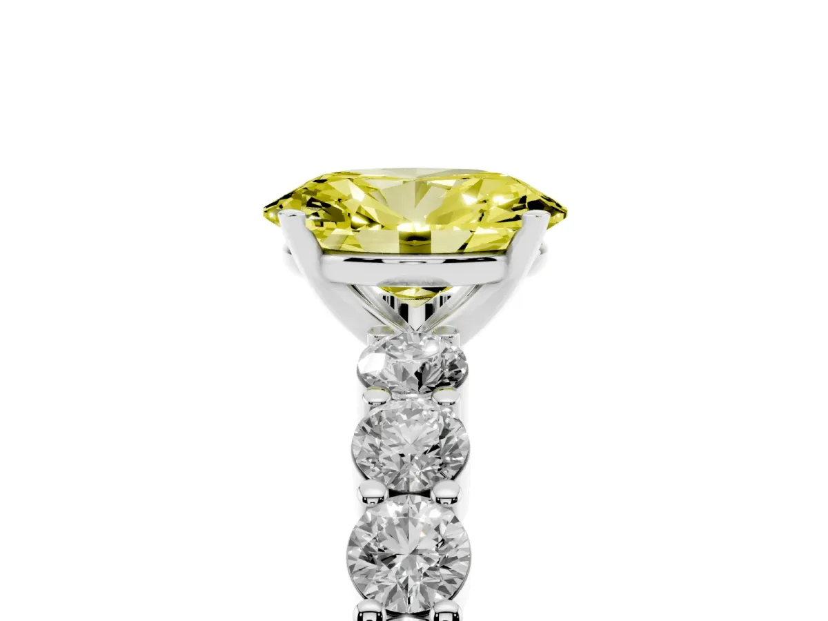 Fancy Yellow Oval Cut Diamond Solitaire Ring with Shared Prong Round Side Stones Silver