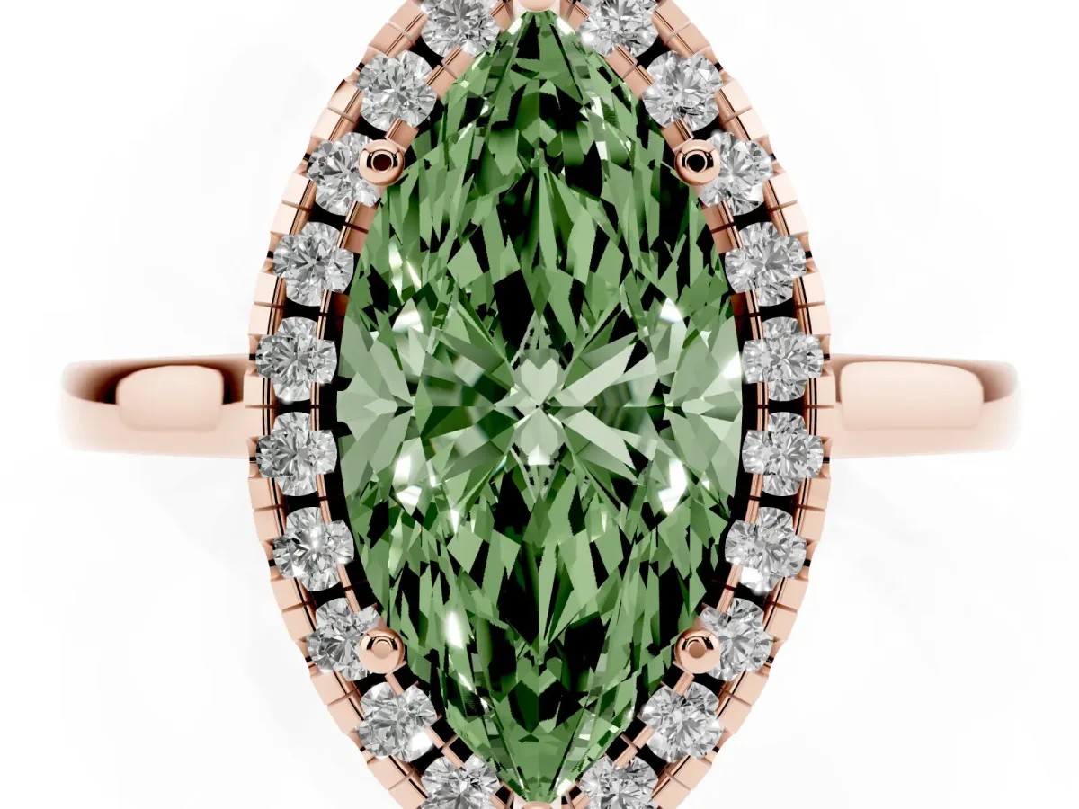 Fancy Green Marquise Cut Halo Round Diamond Solitaire Ring with Pavé Band and Four-Prong Setting Rose gold