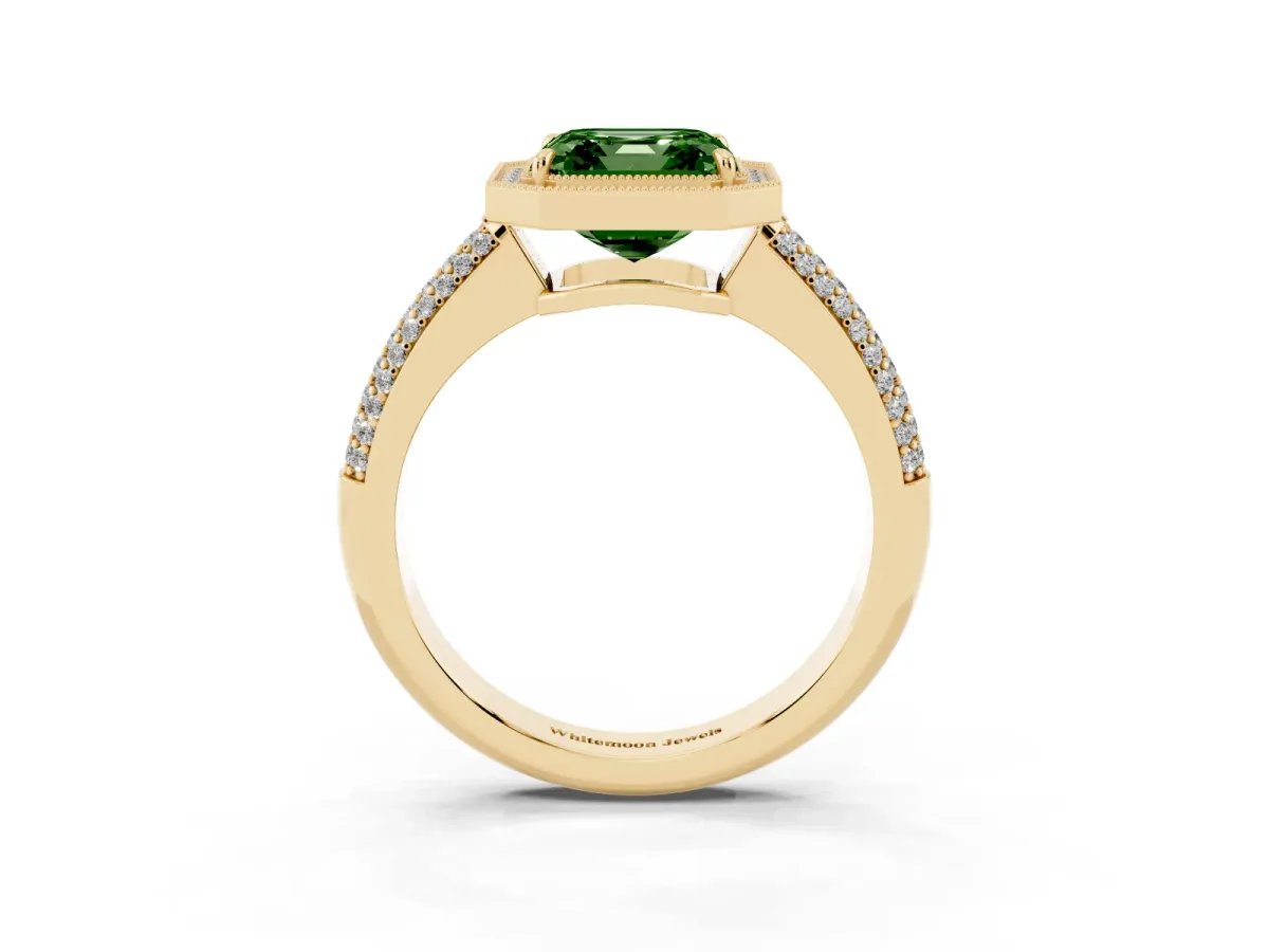 Fancy Green Asscher Cut Cut Halo Diamond Pave Band with Four-Prong Setting Yellow gold