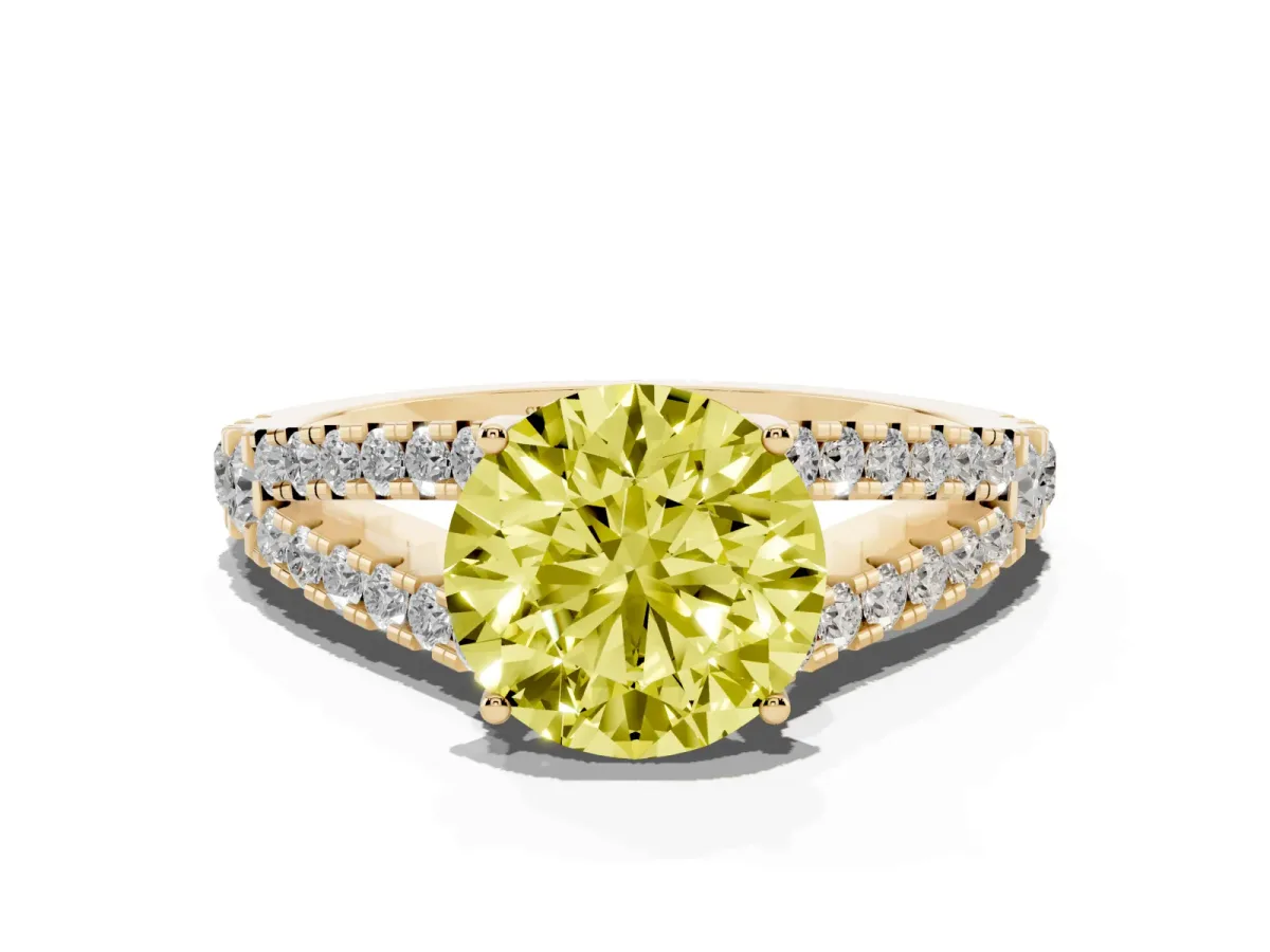 Fancy Yellow Round Cut Diamond Split Shank Pavé Engagement Ring with Four-Prong Setting Yellow gold