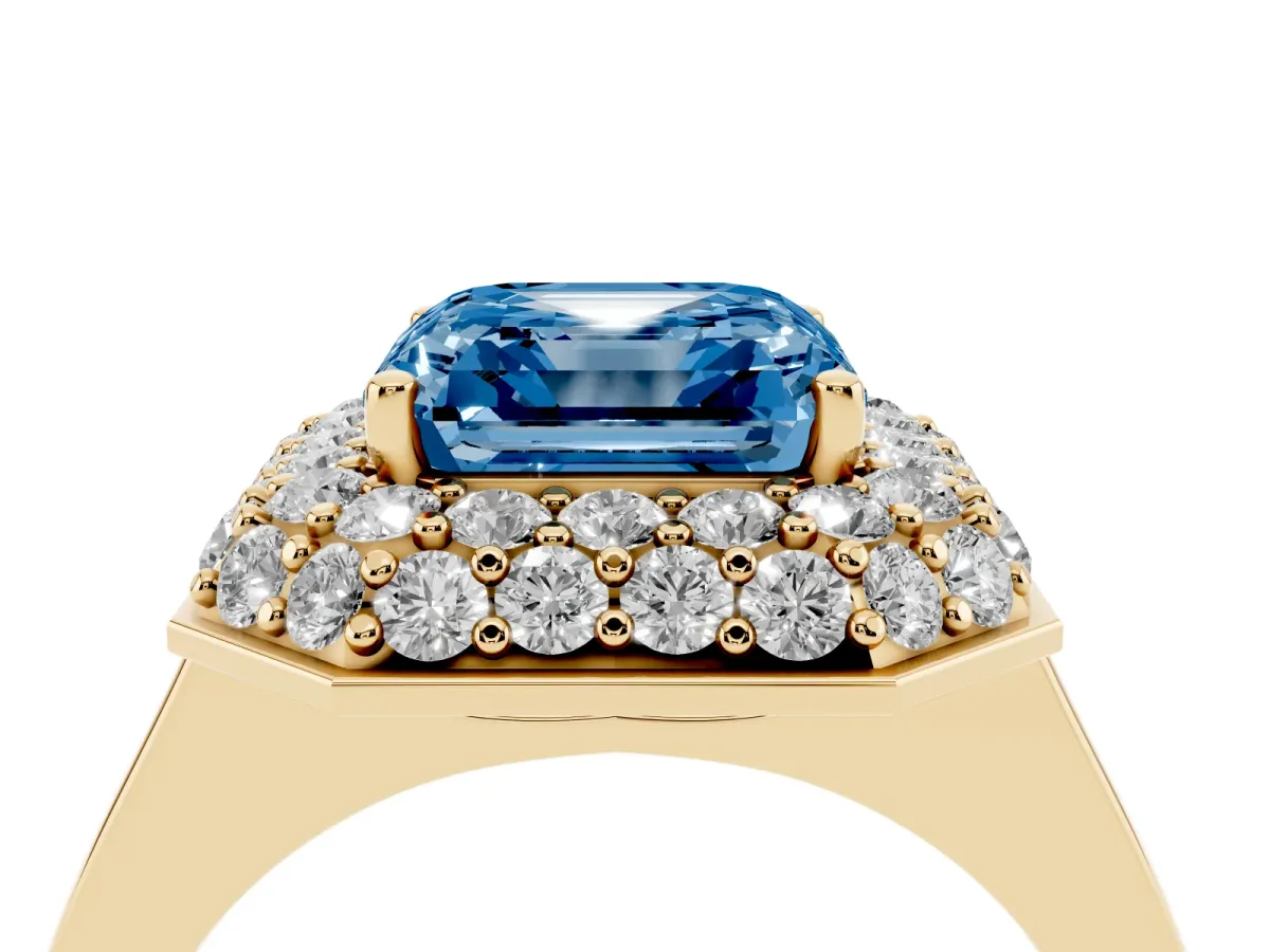 Fancy Blue Asscher Cut Halo Diamond Engagement Ring with Solitaire Band and Four-Prong Setting Yellow gold