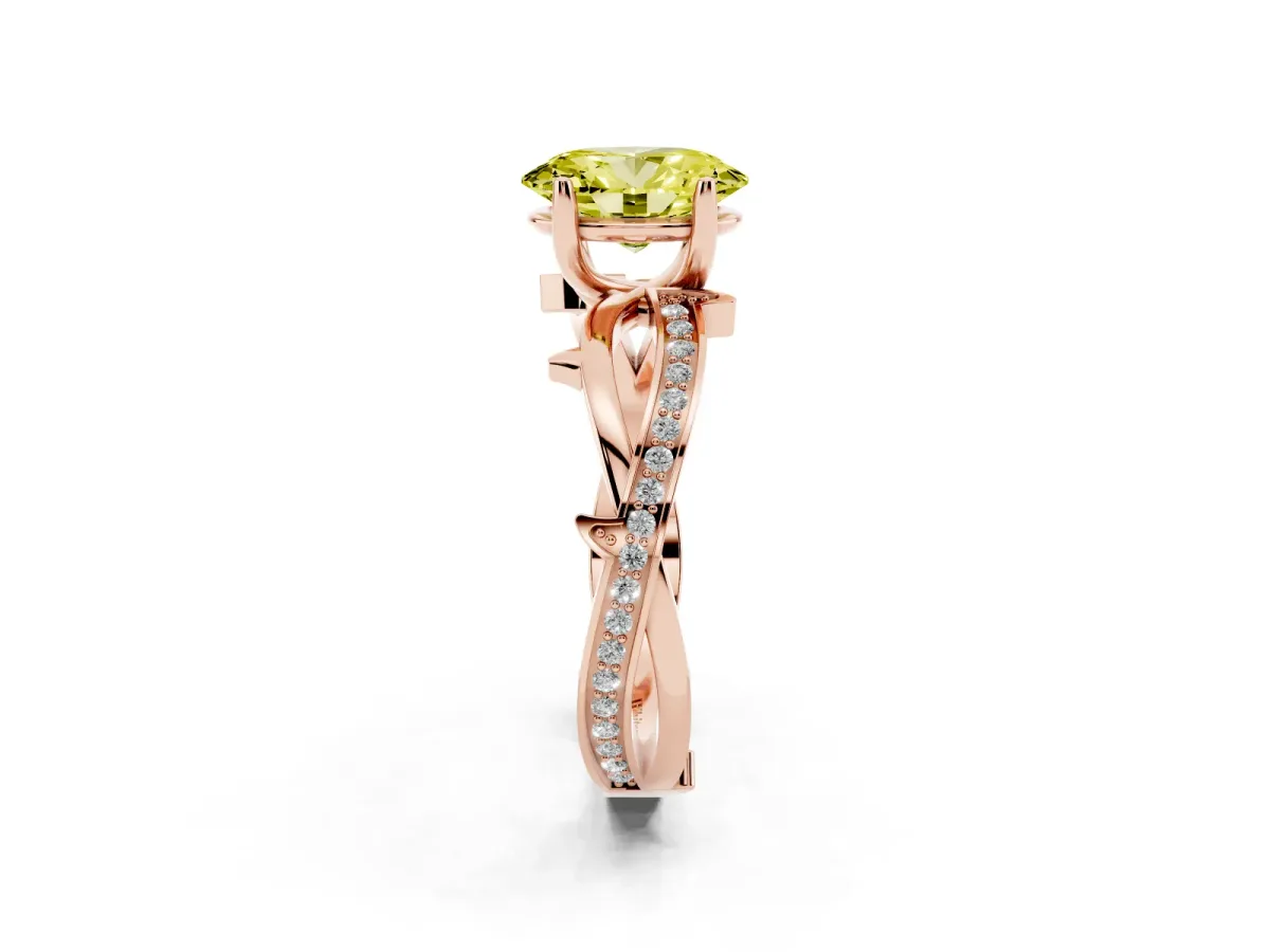 Fancy Yellow Oval Cut Solitaire Twist Band with Pavé Accents and Four-Prong Setting Rose gold
