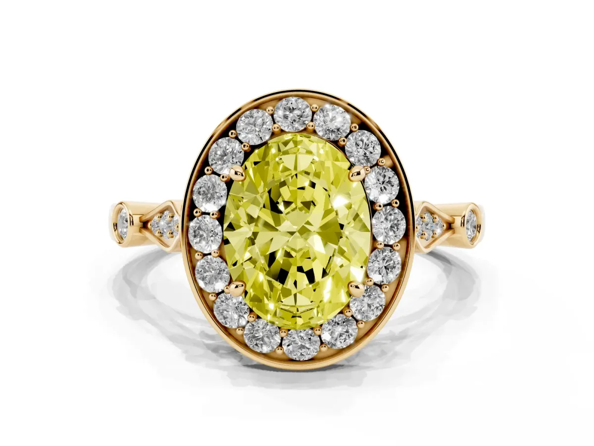 Fancy Yellow Oval Cut Halo Diamond Engagement Ring with Twisted Band and Four-Prong Setting Yellow gold