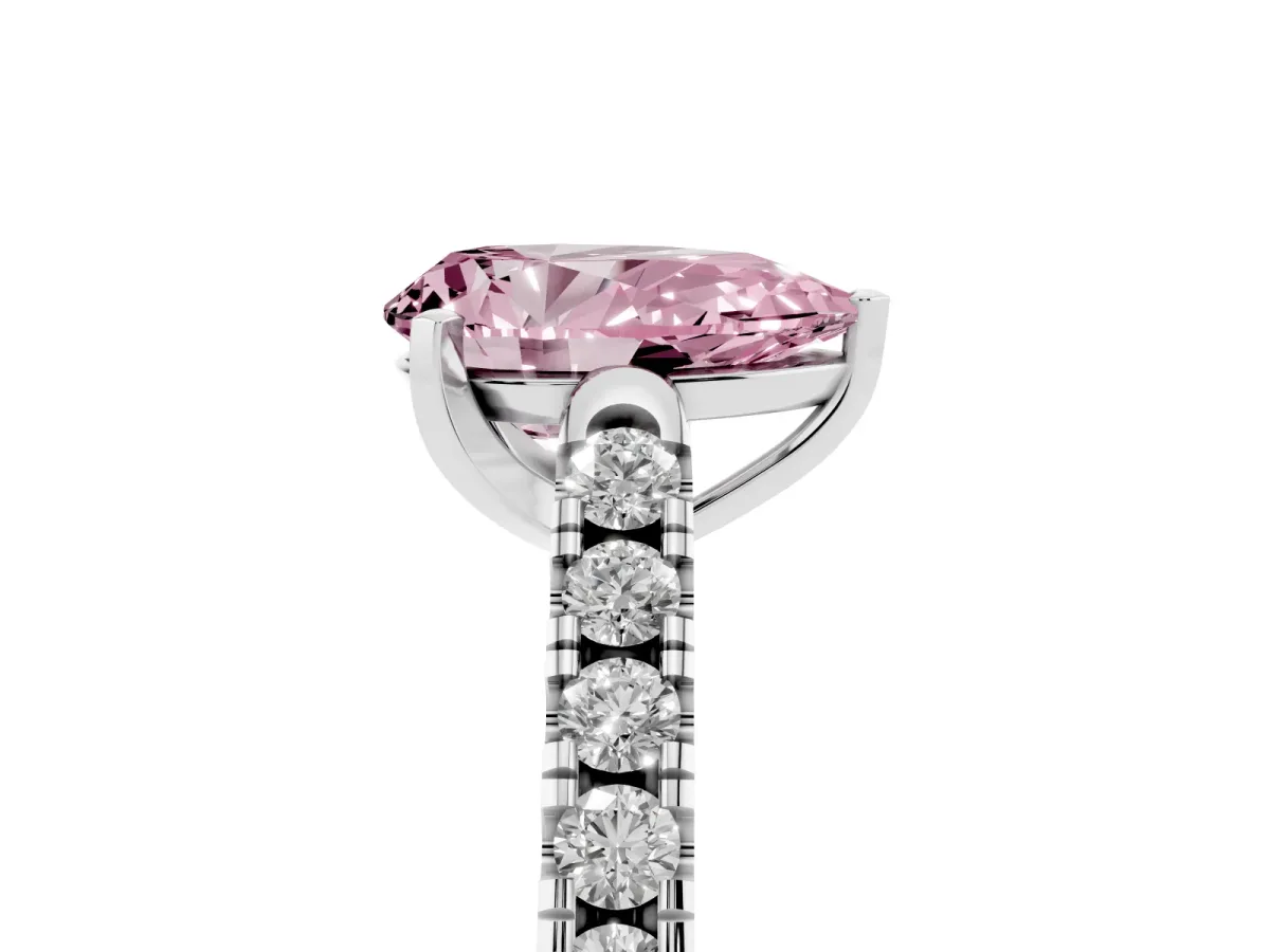 Fancy Pink Pear Cut Diamond Pavé Band Solitaire Ring with Prong Setting Silver
