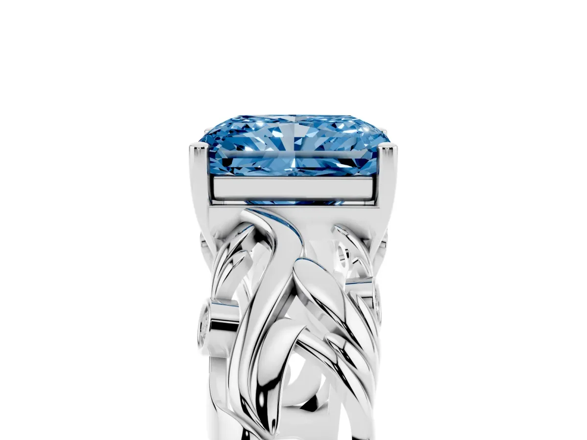 Fancy Blue Radiant Cut Solitaire Diamond Leaf-Inspired Vine Band Ring with Prong Setting Silver