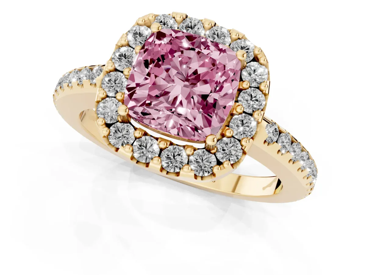 Fancy Pink Cushion Cut Diamond Pavé Halo Ring with Four-Prong Setting Yellow gold