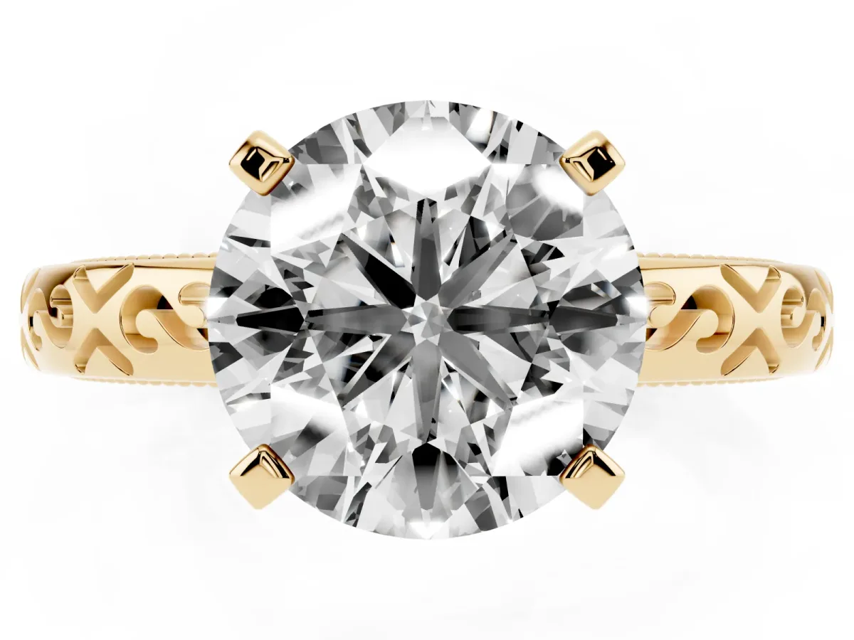 Round Cut Solitaire Engagement Ring with Scrollwork Band and Four-Prong Setting Yellow gold