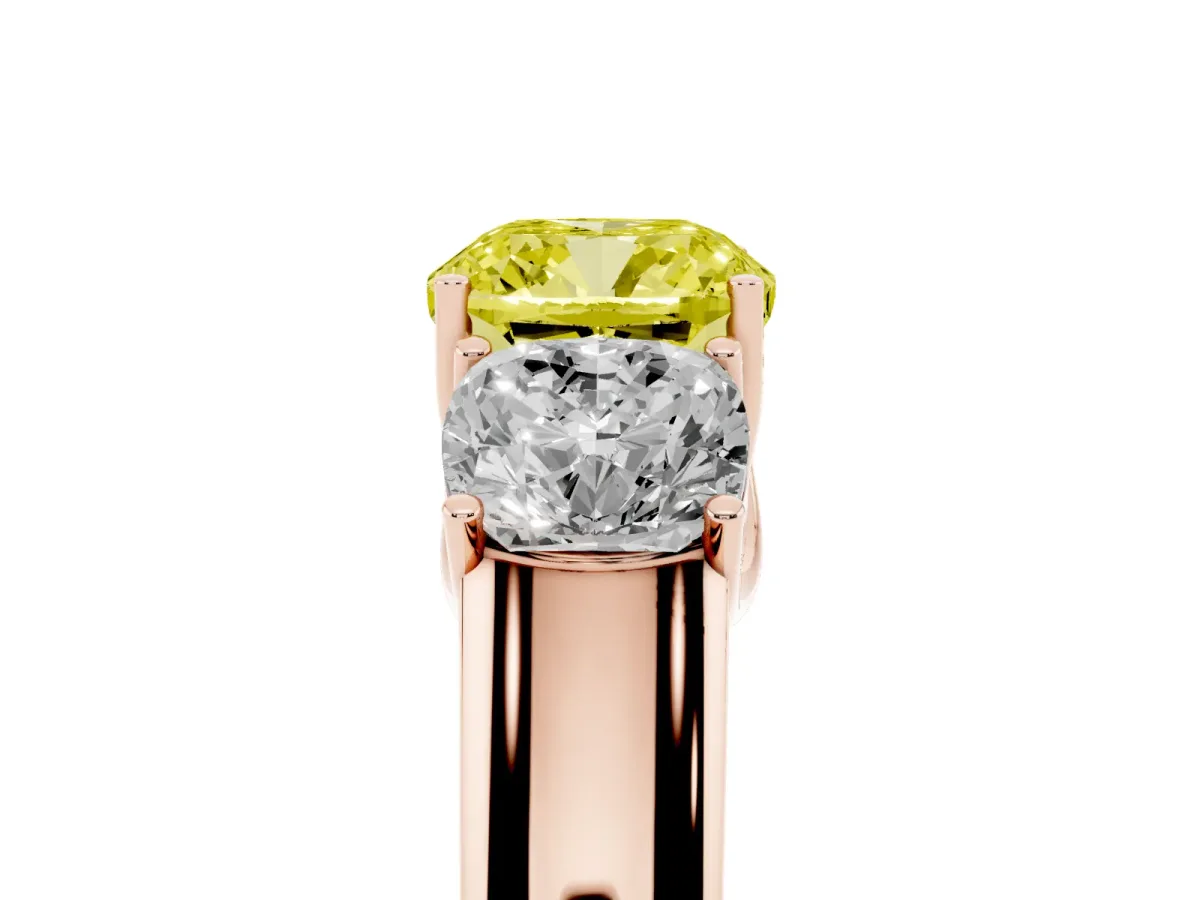 Fancy Yellow Three-Stone Cushion Cut Cut Diamond Ring with Prong Setting and Classic Band Rose gold