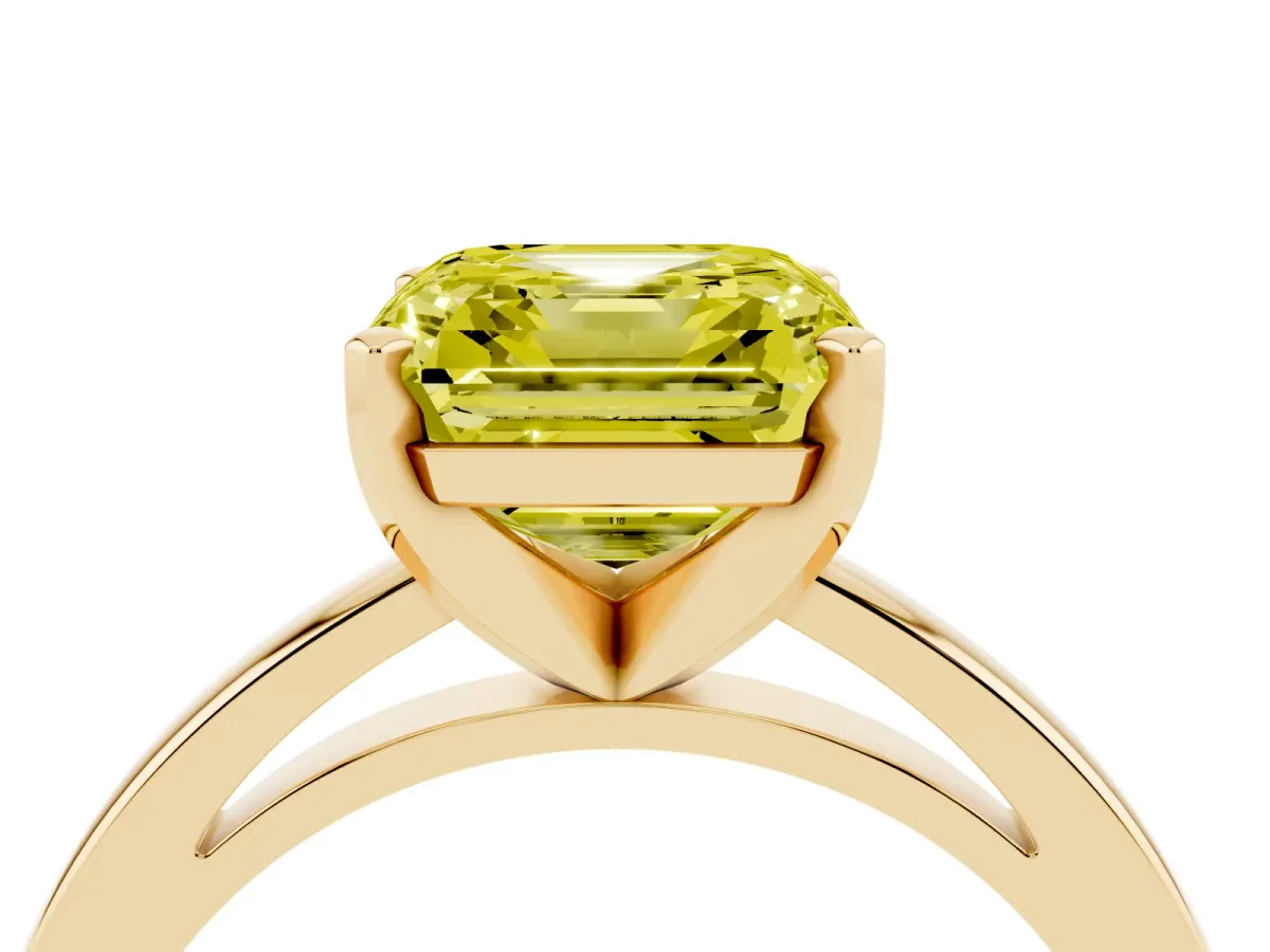 Fancy Yellow Asscher Cut Solitaire Diamond Engagement Ring with Four-Prong Setting on a Classic Band Yellow gold