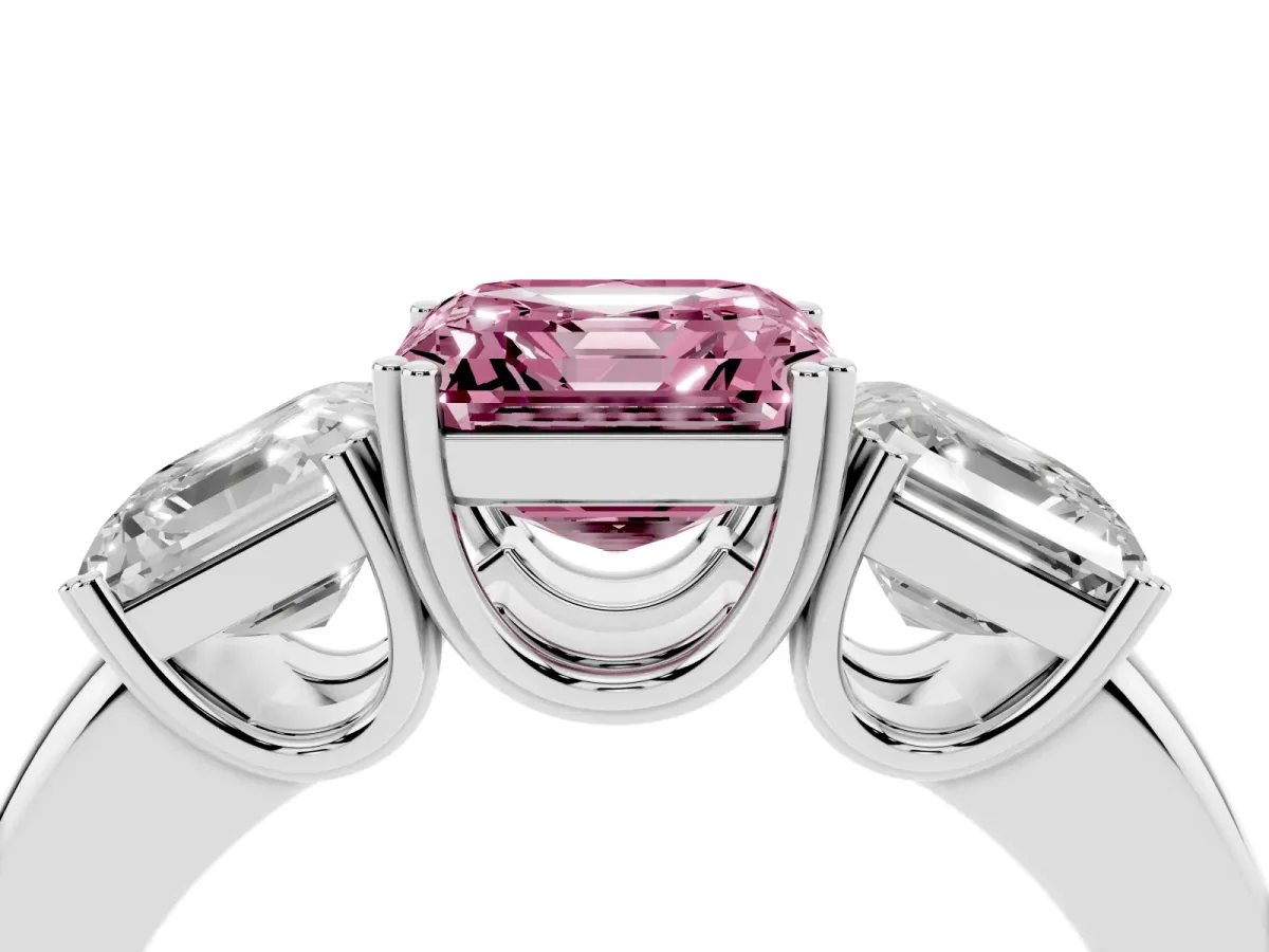 Fancy Pink Three-Stone Asscher Cut Cut Diamond Ring with Channel Set Band and Four-Prong Setting Silver
