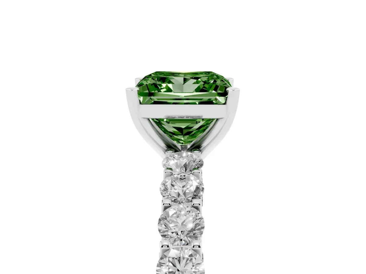 Fancy Green Princess Cut Diamond Solitaire Ring with Shared Prong Pavé Band and Four-Prong Setting Silver