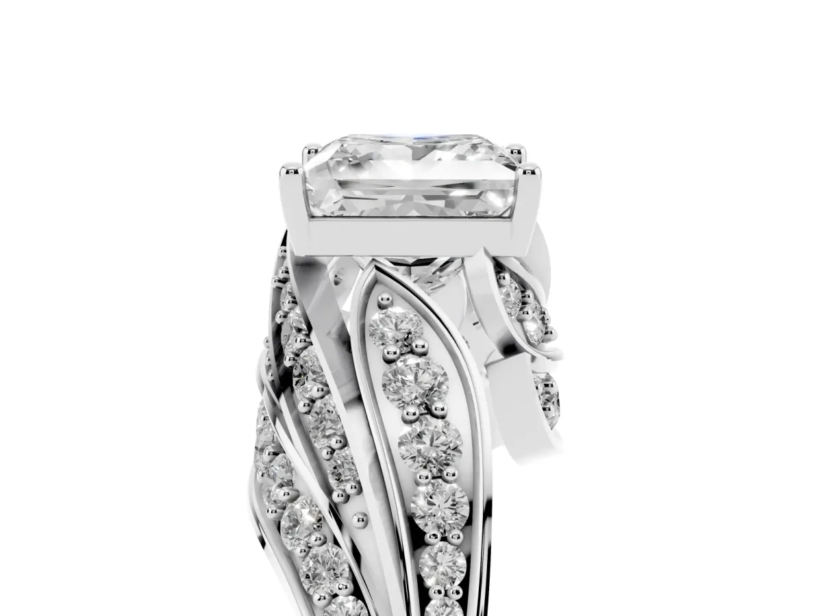Princess Cut Diamond Solitaire Ring with Prong Setting and Twisted Pavé Band Silver