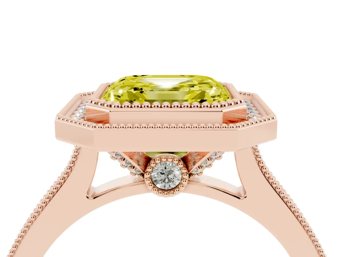 Fancy Yellow Halo Asscher Cut-Cut Diamond Pave Band Milgrain Prong Setting Ring Rose gold
