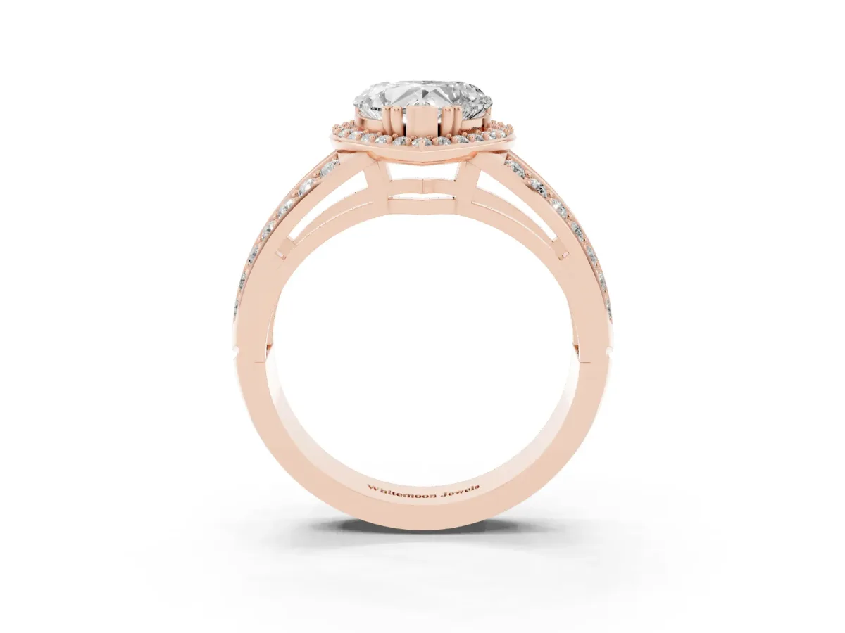 Heart Cut Diamond Halo Ring with Split Shank Pavé Band and Four-Prong Setting Rose gold