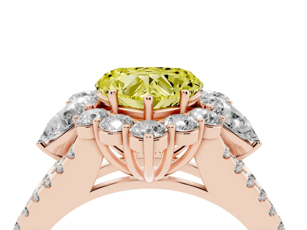 Fancy Yellow Heart Cut Halo Split Shank Diamond Engagement Ring with Prong Setting Rose gold