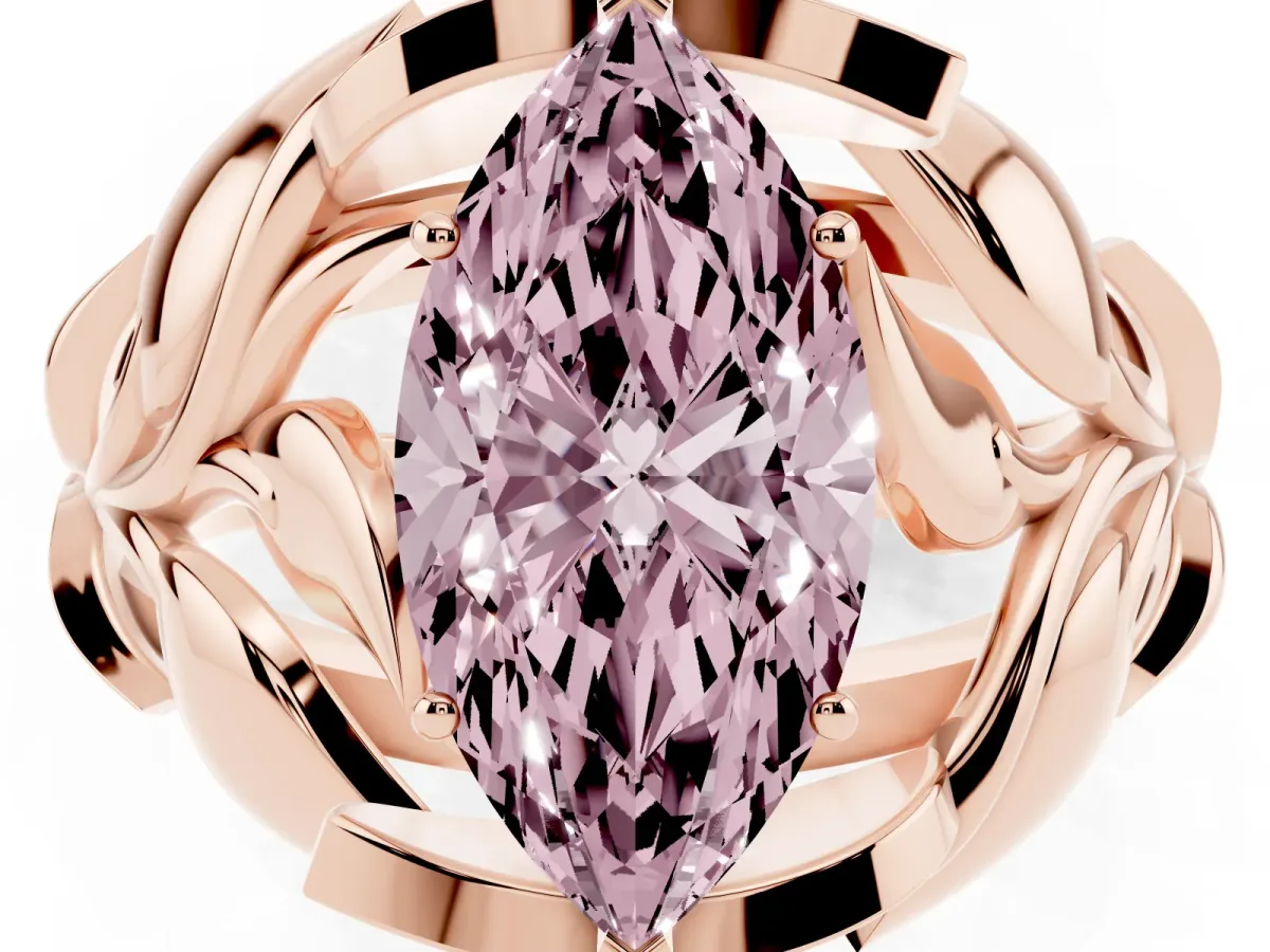 Fancy Pink Marquise Cut Diamond Leaf-Inspired Engagement Ring with Round Accents and Prong Setting Rose gold