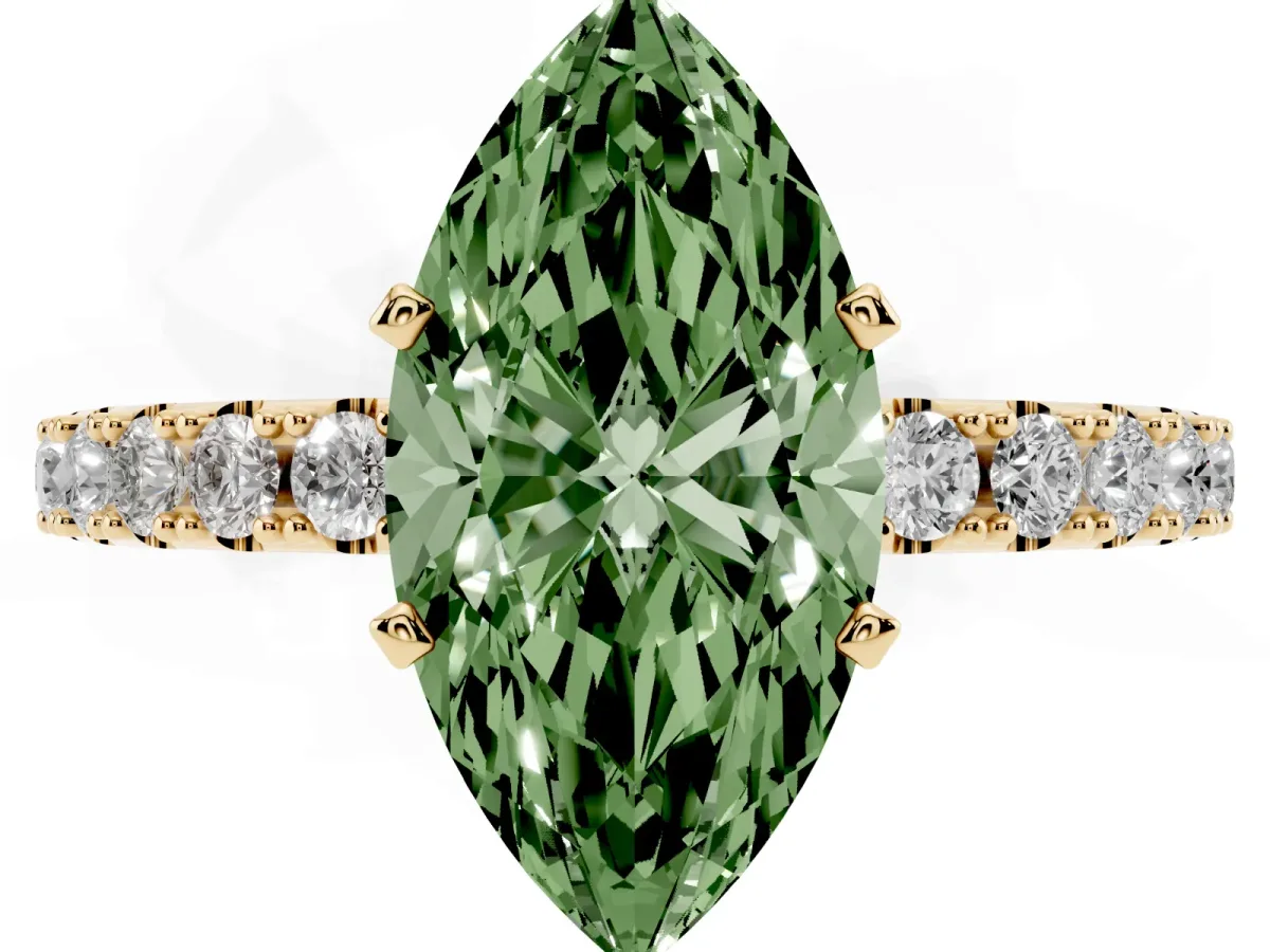 Fancy Green Marquise Cut Diamond Solitaire Pavé Band with Four-Prong Setting Yellow gold