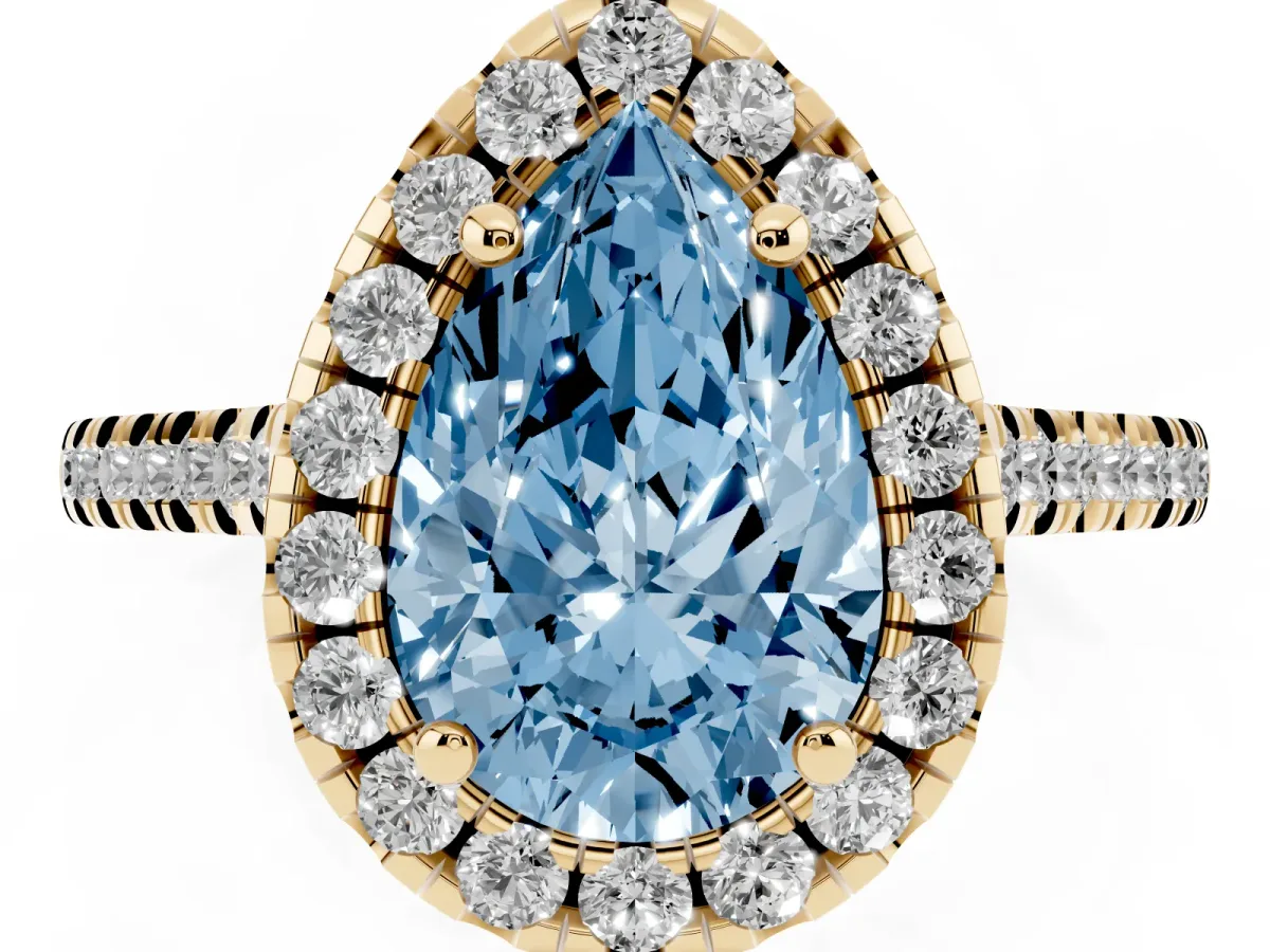 Fancy Blue Pear Cut Diamond Cushion Halo Ring with Pavé Band Yellow gold