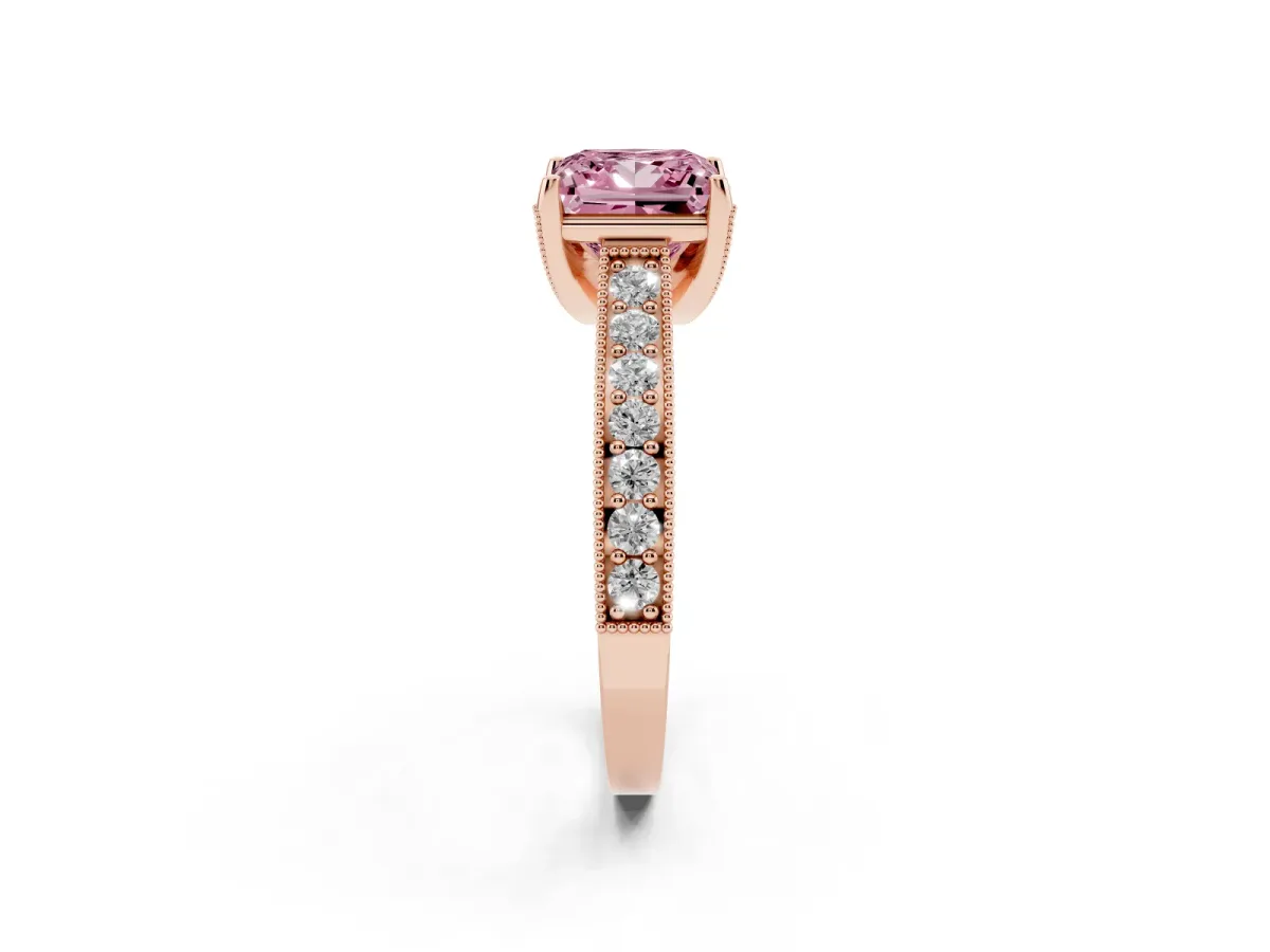 Fancy Pink Princess Cut Cut Diamond Solitaire Ring with Milgrain Pave Band and Four Prong Setting Rose gold