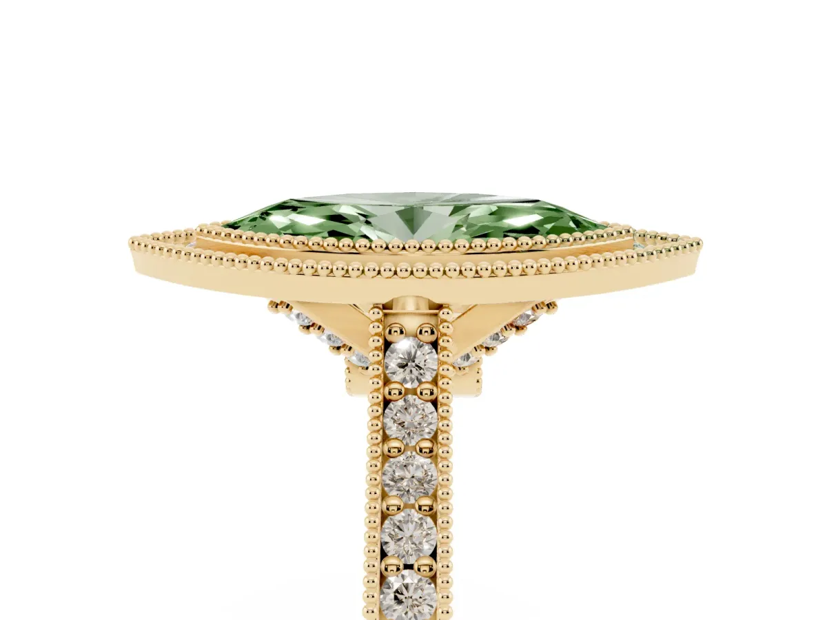 Fancy Green Halo Marquise Cut-Cut Diamond Pave Band Milgrain Prong Setting Ring Yellow gold