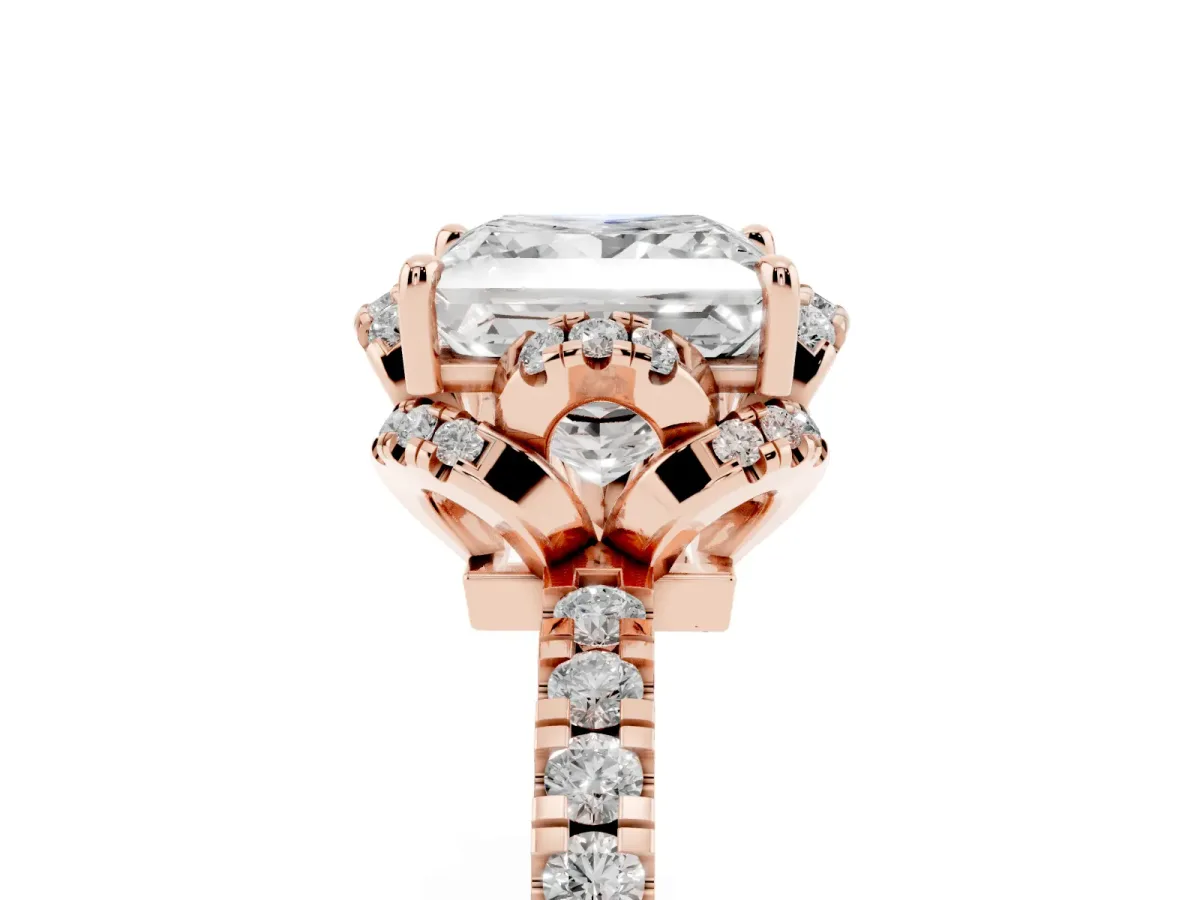 Princess Cut Halo Diamond Pave Band Ring with Four-Prong Setting Rose gold