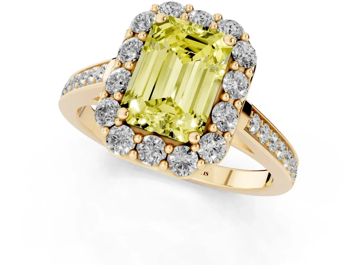 Fancy Yellow Emerald Cut Diamond Floral Halo Ring with Pavé Band and Prong Setting Yellow gold