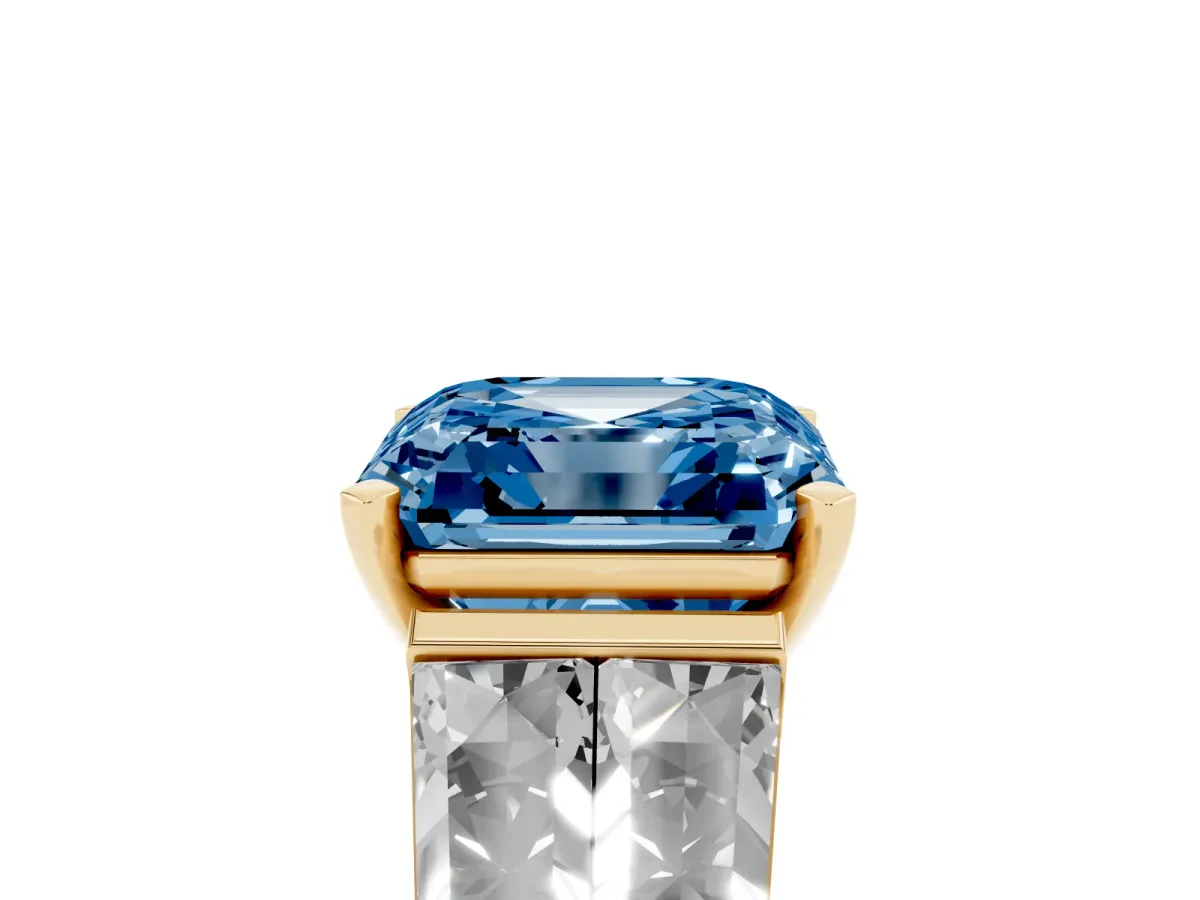 Fancy Blue Asscher Cut Diamond Engagement Ring with Baguette Side Stones and Channel Set Band Yellow gold