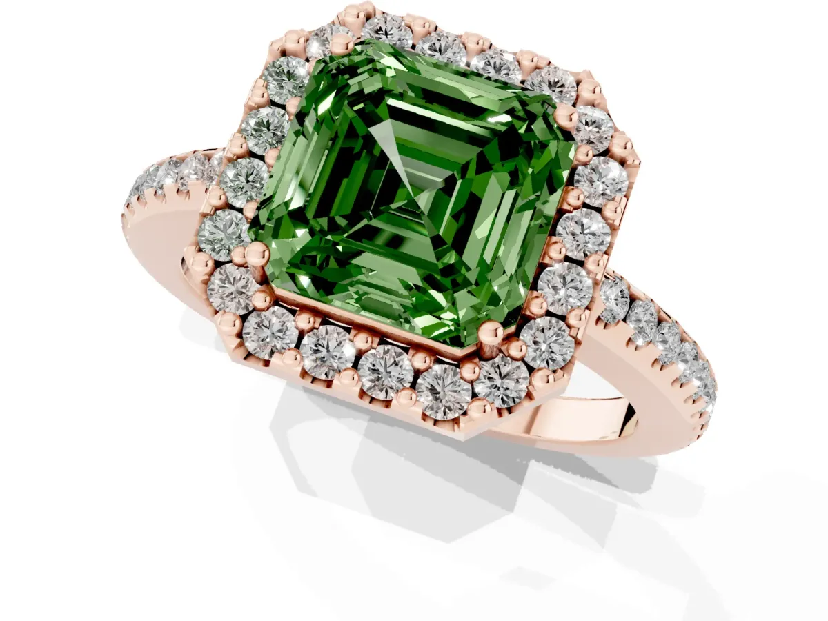 Fancy Green Asscher Cut Diamond Pavé Halo Ring with Four-Prong Setting Rose gold