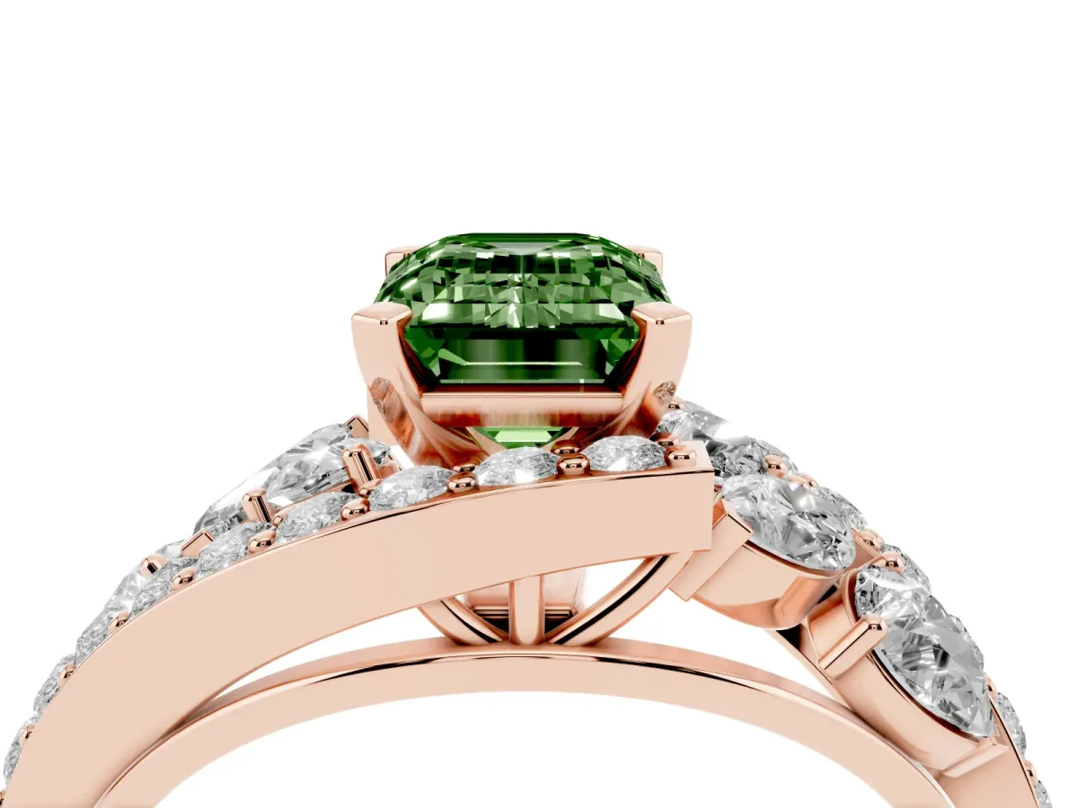 Fancy Green Emerald Cut Diamond Halo Ring with Marquise and Pavé Band in Prong Setting Rose gold