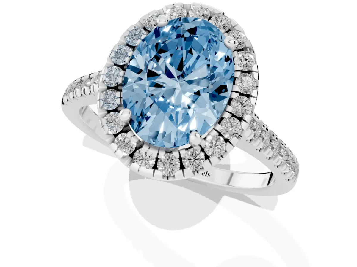 Fancy Blue Oval Cut Diamond Cushion Halo Ring with Pavé Band Silver