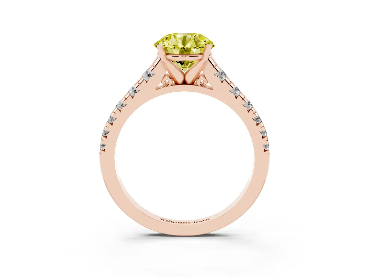 Fancy Yellow Round Cut Diamond Cathedral Solitaire Ring with Round Pavé Band Rose gold