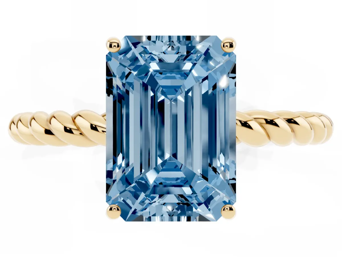 Fancy Blue Emerald Cut Solitaire Twisted Band 4-Prong Ring Yellow gold