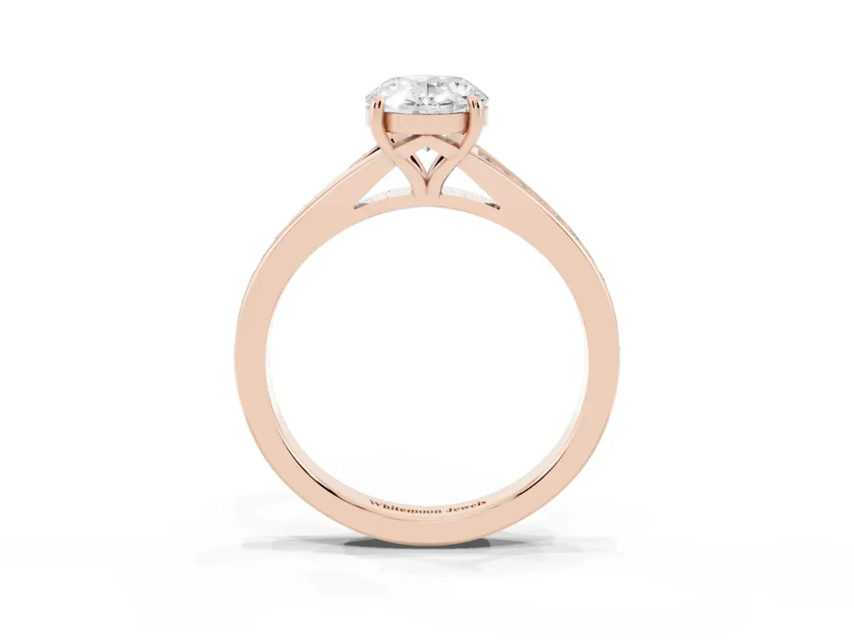 Oval Cut Diamond Solitaire Ring with Pavé Band and Prong Setting Rose gold