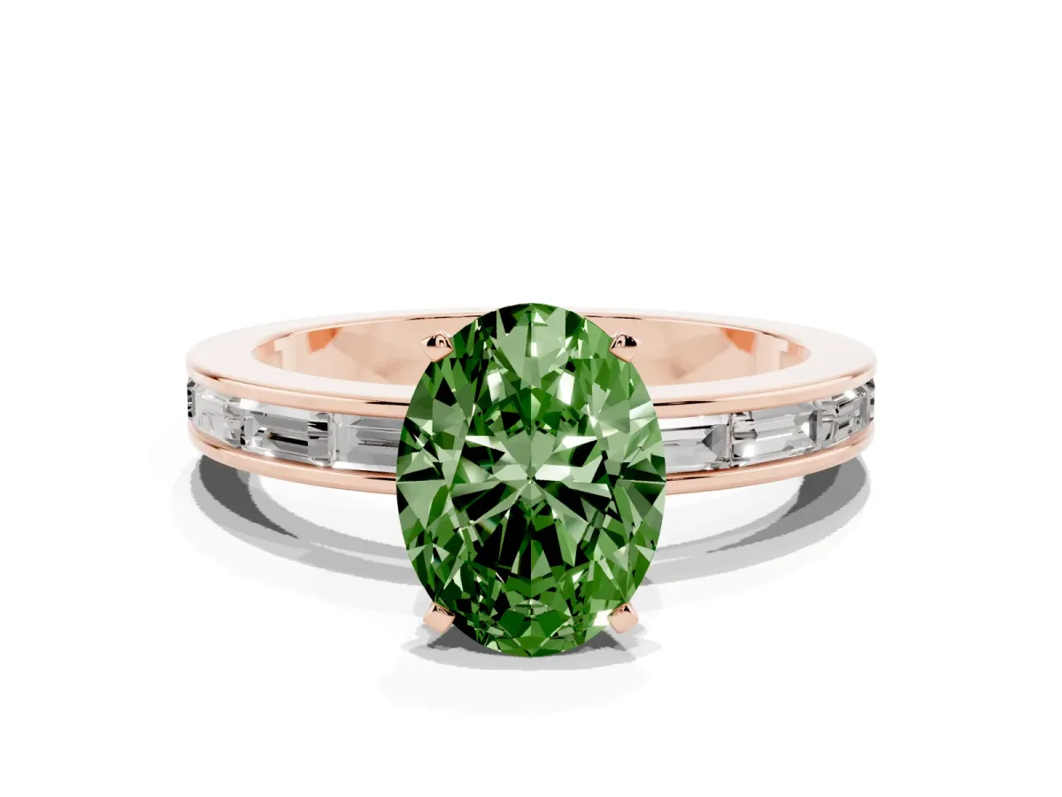 Fancy Green Oval Cut Solitaire Diamond Ring with Channel-Set Baguette Band and Four-Prong Setting Rose gold