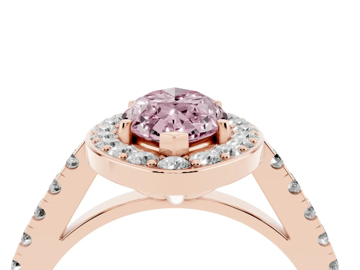 Fancy Pink Marquise Cut Diamond Halo Ring with Round Pavé Split Shank and Prong Setting Rose gold