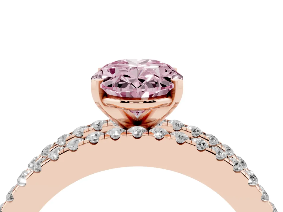 Fancy Pink Oval Cut Diamond Solitaire Ring with Pavé and Channel Set Band Rose gold