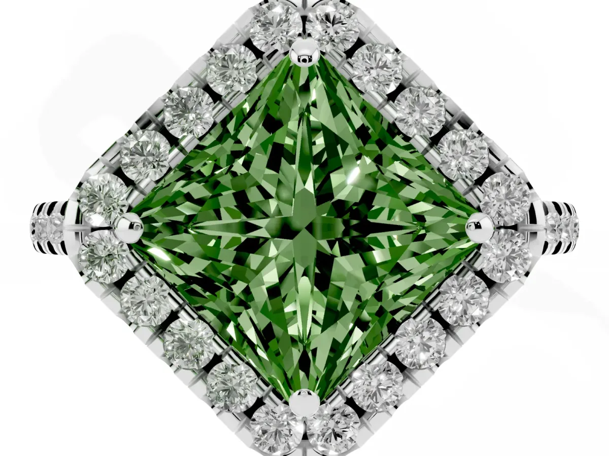 Fancy Green Princess Cut Diamond Cushion Halo Ring with Pavé Band Platinum