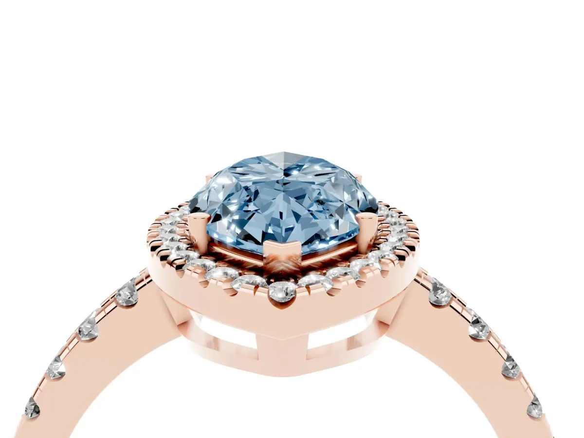 Fancy Blue Marquise Cut Diamond Halo Ring with Pavé Band and Four-Prong Setting Rose gold