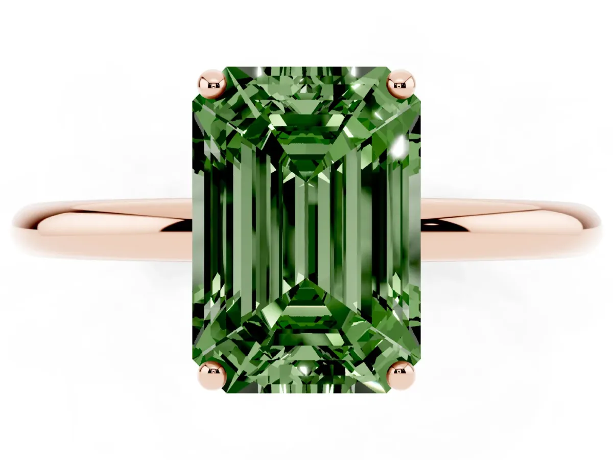 Fancy Green Emerald Cut Solitaire Diamond Ring with a Classic Band and Four-Prong Setting Rose gold