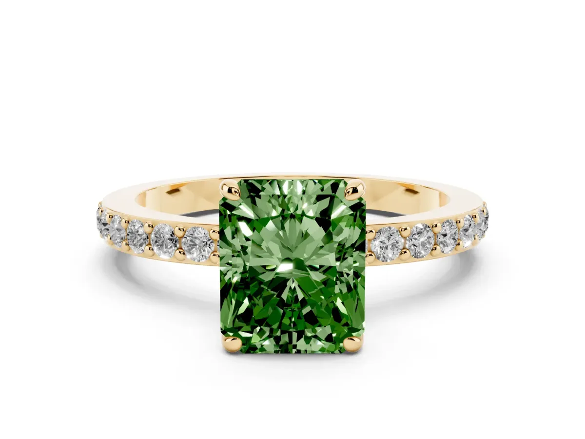 Fancy Green Radiant Cut Diamond Pavé Engagement Ring with Round Accents and Prong Setting Yellow gold