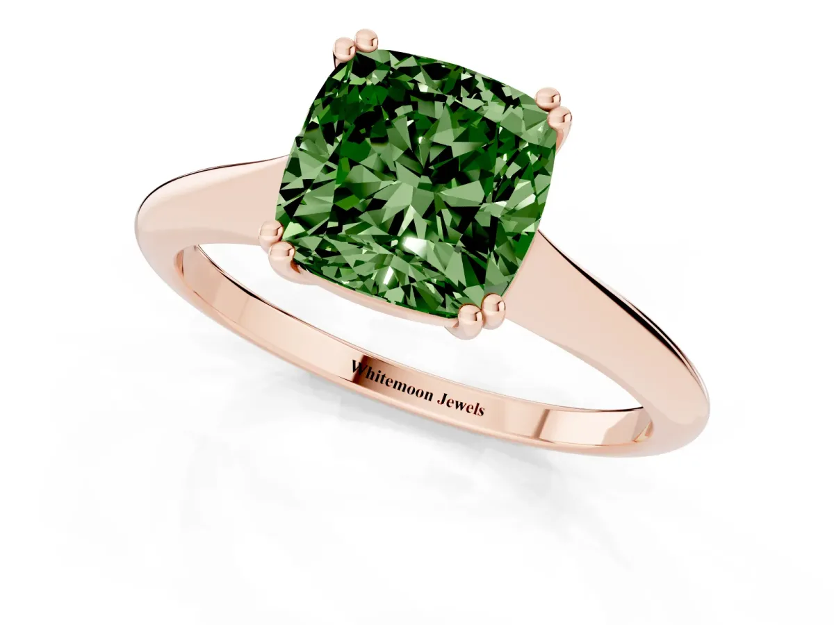 Fancy Green Cushion Cut Solitaire Diamond Ring with Six-Prong Setting and Classic Band Rose gold