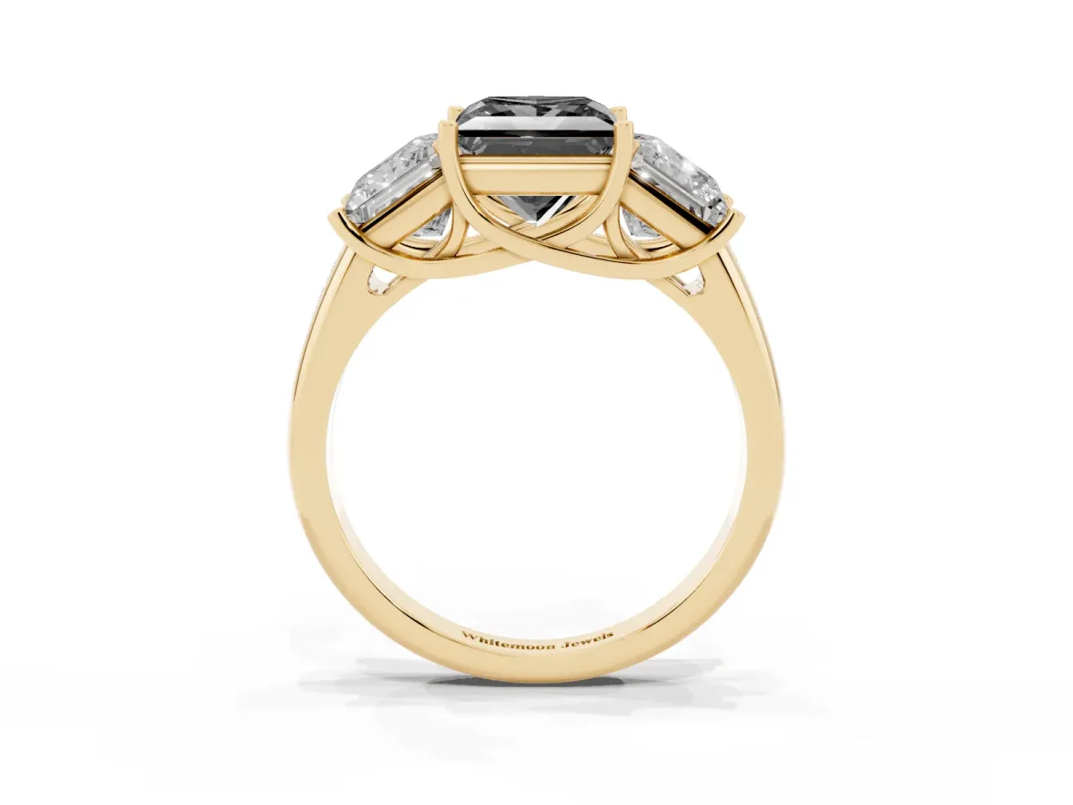 Fancy Black Three-Stone Princess Cut Diamond Engagement Ring with Prong Setting Yellow gold