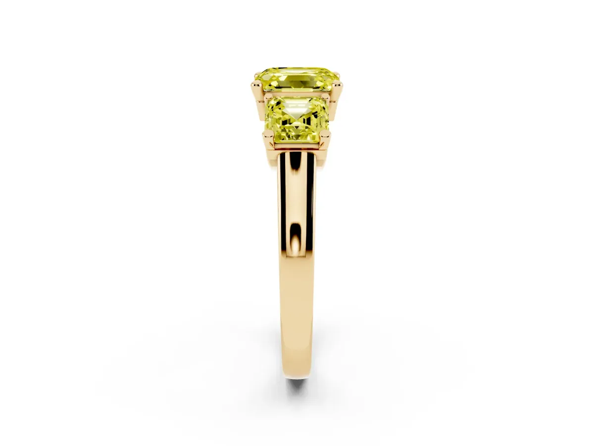 Fancy Yellow Three-Stone Asscher Cut Brilliant Diamond Trellis Ring with Comfort Fit Band Yellow gold